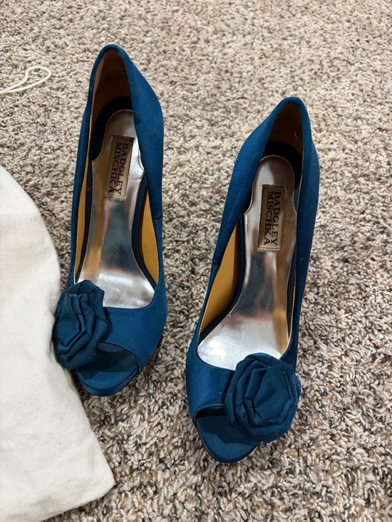 Badgley Mischka Shoes - Badgley Mischka Teal Satin Peep-Toe Pumps with Rosette Accent